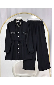 Lovie Moda Kapak Taşlı Jakar Pantolonlu İkili Takım Siyah