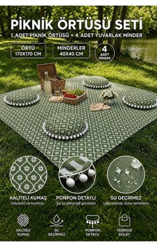 Piknik Örtüsü Seti Su Geçirmez Minderli Ponponlu Leke Tutmaz Kamp Örtüsü Yeşil Çiçekli 170x170cm Çok Renkli