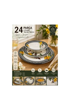 24 Parça 6 Kişilik Çiçek Desenli Porselen Yemek Takımı Servis, Yemek, Pasta Tabağı Ve Kase Seti Beyaz