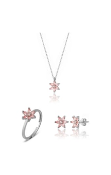 Zanaatsilver 925 Ayar Gümüş Pembe Taşlı Rodyum Nilüfer Çiçeği Takım & Seti