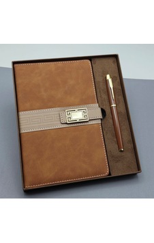 Mobgift Tarihsiz Metal Klipsli Ajanda Defter Kalem Set Kahverengi