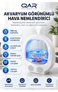 Akvaryum Görünümlü 700 Ml Bluetooth Hoparlörlü Hava Nemlendirici Ters Akan Su Damlası Efektli 7 Renk Led Işıklı
