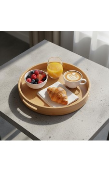 Deconox Taşıma Kulplu Yuvarlak Bambu Tepsi 30 Cm Doğal Servis Tepsisi Kahve, Kahvaltı Ve Sku: Zeus8690010579492