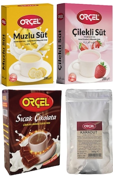 Orçel Sıcak Çikolata + Çilekli Süt + Muzlu Süt + Karadut Aromalı Toz İçecek 4'lü Orçel Sıcak Çikolata + Çilekli Süt + Muzlu Süt + Karadut Aromalı Toz İçecek 4'lü