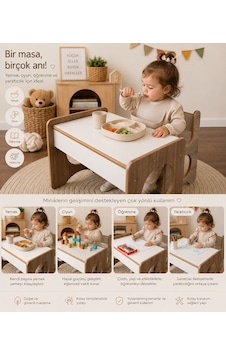 Montessori Çocuk Oyun, Aktivite,çalışma Masa Ve Sandalyesi 1-5 Yaş Uyumlu Beyaz - Safir Meşe