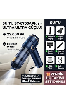 Suıtu St-6705aplus 22.000 Pa Ultra Güçlü Fırçasız Motorlu Kablosuz Araç Süpürgesi - Led Fenerli 3'ü 1 Arada Vakum Seti