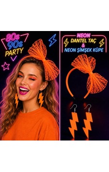 Neon Turuncu Dantel Taç Ve Şimşek Küpe 8039ler 9039lar Parti Seti Neon Turuncu Dantel Taç Ve Şimşek Küpe 8039ler 9039lar Parti Seti