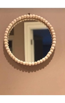El Yapımı Dekoratif Ham Ahşap Boncuklu Rafya Ayna 24 Cm Ahşap