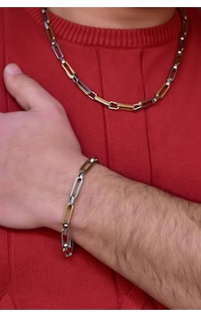 Çelik Sarı-beyaz Çiftli Ataç Kolye Ve Bileklik Set