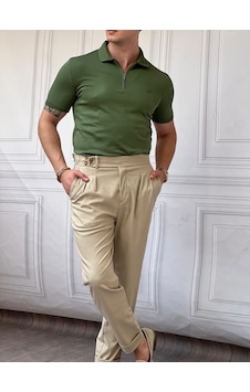 Modefendi Yüksek Kalite Polo Yaka Fermuarlı Tshirt Haki