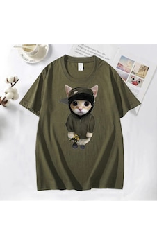 Flood Of Style Tonka T Shirt İle Yeat Kitty Erkekler Komik Sevimli Kedi Grafik Tee % Baskılı Tişört Pamuk Te Yeşil