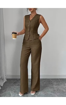 Kadın Askılı Önden Düğmeli Bluz Ve Pantolon Keten Ikili Takım Kahverengi Kadın Askılı Önden Düğmeli Bluz Ve Pantolon Keten Ikili Takım Kahverengi