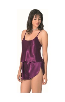 Modenya Mor Saten Babydoll Şort Takımı Mor