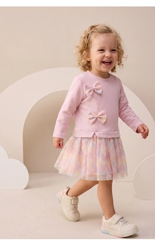 Fidekids Kız Çocuk Elbise Kalp Desenli Fiyonk Detaylı Pembe