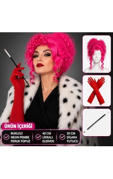 Neon Bukleli Pembe Peruk Uzun Kumaş Kırmızı Eldiven Ve Tutucu Seti 3 Parça