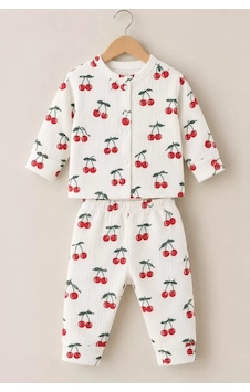 Veraura Lifestyle 3-12 Ay Kiraz Baskılı Çıtçıtlı Penye Bebek Pijama Takımı ekru Veraura Lifestyle 3-12 Ay Kiraz Baskılı Çıtçıtlı Penye Bebek Pijama Takımı ekru