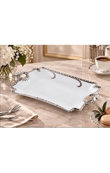 Roykıng Camelıa Gümüş Dikdörtgen Kulplu Sunum Tabağı 40x21 Roykıng Camelıa Gümüş Dikdörtgen Kulplu Sunum Tabağı 40x21