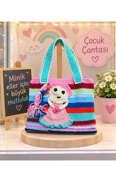 El Yapımı Örgü Çocuk Çantası Renkli Çizgili Kız Çocuk Omuz Ve El Çantası Çok renkli