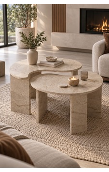 Sulorahome 2'li Oval Modern Orta Sehpa Seti Traverten Desenli Atlantik-traverten Sulorahome 2'li Oval Modern Orta Sehpa Seti Traverten Desenli Atlantik-traverten