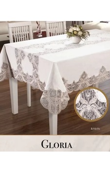 Gloria Model Krem Keten Tek Masa Örtüsü 160x300 Cm Dantelli Yemek Masası