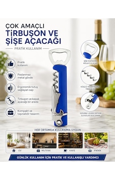 Çok Amaçlı Tirbuşon Ve Şişe Açacağı Paslanmaz Metal Gövdeli Ergonomik Saplı Kapak Açacak Çok Renkli