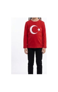 Es Eyüp Selda Kız Çocuk Ay Yıldız Türk Bayraklı Uzun Kollu Tişört Kırmızı