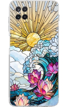 Printify Samsung Galaxy A12 İle Uyumlu Vitray Okyanus Sabahı Tasarımlı Şeffaf Silikon Kılıf Şeffaf