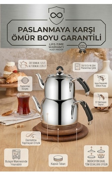 Özkent Lotus Orta Boy Paslanmaz Çelik Çaydanlık 3,45 Lt 1,2+2,25lt Süzgeçli