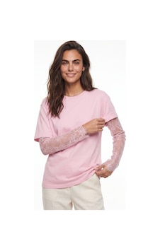Onloox Kadın Pembe Pembe Pamuklu Bisiklet Yaka Oversize Transparan Dantel Uzun Kol Detaylı T-shirt Onloox Kadın Pembe Pembe Pamuklu Bisiklet Yaka Oversize Transparan Dantel Uzun Kol Detaylı T-shirt