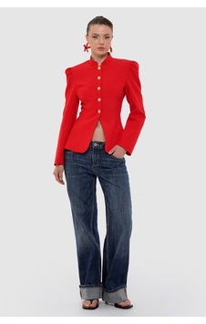 Thalure Kadın Kırmızı Hakim Yaka Düğmeli Fit Blazer