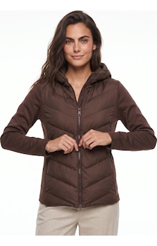 Onloox Kadın Acı Kahve Acı Kahve Polyester Kumaş Kapüşonlu Slim Fit Fermuarlı Garnili Şişme Mont Hoodie