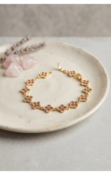 Gold Renk Pembe Zirkon Taşlı Yonca Model Kadın Bileklik Renkli Gold Renk Pembe Zirkon Taşlı Yonca Model Kadın Bileklik Renkli