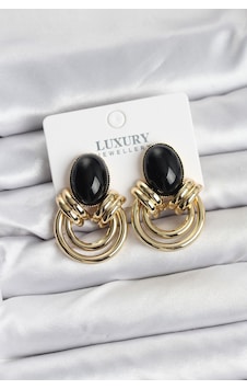 Pirinç Gold Renk Siyah Taşlı Vintage Kadın Küpe Altın