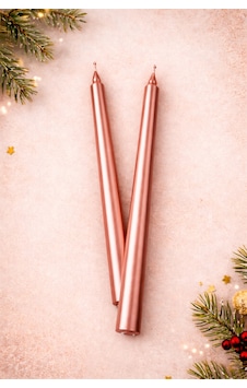 Rose Gold 2 Li Metalik Parlak Uzun Mum 25 Cm Dekoratif Şamdan Mum Metalik Rose Gold