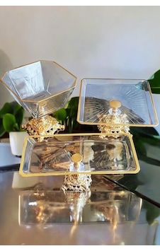 Liveisthome 3 Parça Gold Pasta Sunumluk Kurabiyelik Seti Altın