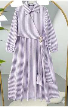 Lovie Moda Gold Toka Detaylı Çizgili Elbise Mor Lovie Moda Gold Toka Detaylı Çizgili Elbise Mor