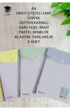 A4 Dikey Çıtçıtlı Zarf Dosya Üstten Kapaklı Sarı-yeşil-mavi Pastel Renk Klasöre Takılabilir 3 Adet Diğer A4 Dikey Çıtçıtlı Zarf Dosya Üstten Kapaklı Sarı-yeşil-mavi Pastel Renk Klasöre Takılabilir 3 Adet Diğer
