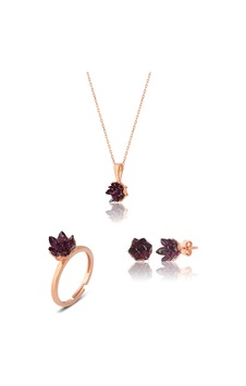 Zanaatsilver 925 Ayar Gümüş Ametist Taşlı Rose Lotus Çiçeği Takım & Seti