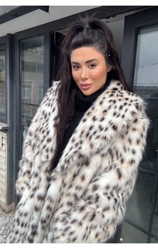 Açelyaokcu Premium İngiliz Yaka Mob Wife Suni Kürk Maxi Kadın Kaban Leopar