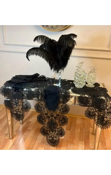 7 Parça Siyah Çeyizlik Palmiye Model Keten Runner Seti Masa Örtüsü Salon Takımı
