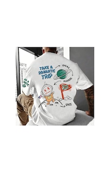 Caddemia Yaz Moda Rahat Spor Bol Kesim Artı Boyutu Astronot Karikatür Baskılı Yuvarla Beyaz 2XL