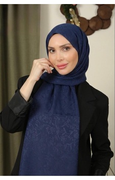 Flora Tekstil Çiçekli Desen İnce Medine İpeği Jakar Şal Lacivert