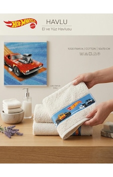 Taç Lisanslı Hotwheels Pamuk 50x70 Cm Yüz Havlusu Beyaz Beyaz - Açık Mavi