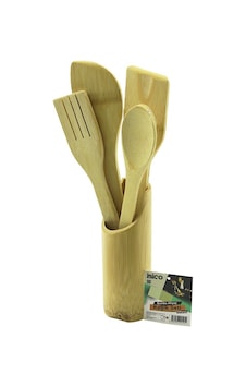 5pcs Ahşap Bambu Mutfak Seti Stand - Kaşık - Çatal - 2 Spatula Fileli 5570 Çok Renkli