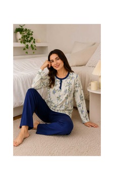 Tenra Rahat Kalıp Çiçek Desenli Kadın Pijama Takımı %100 Pamuk Lacivert Tenra Rahat Kalıp Çiçek Desenli Kadın Pijama Takımı %100 Pamuk Lacivert