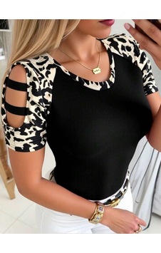 Veraura Lifestyle Kadın Kısa Kollu Yuvarlak Yaka Kollarda Şerit Detaylı Leoparlı Viskon Bluz siyah Veraura Lifestyle Kadın Kısa Kollu Yuvarlak Yaka Kollarda Şerit Detaylı Leoparlı Viskon Bluz siyah