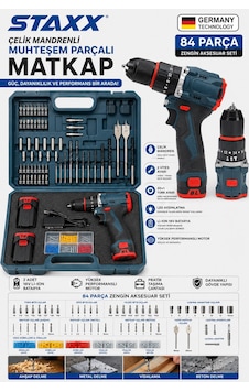 Staxx S18vfk 84 Parça Çelik Mandrenli Brushless Şarjlı Matkap Seti 18v X2 Çift Akülü Vidalama Delme