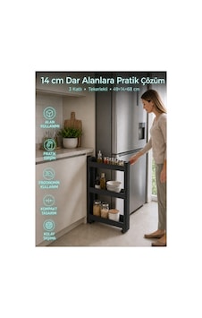 3'lü Slim Dar Alan Organizer Raf, Tekerlekli Çok Amaçlı Mutfak Ve Banyo Düzenleyici Siyah Siyah Siyah