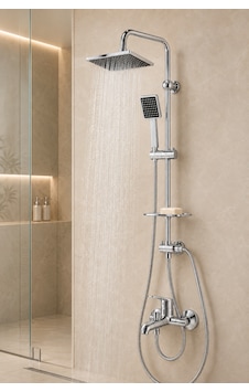 Krom Banyo Bataryası Sıcak Soğuk Mix Kare Tepe Yağmurlama Musluk Ve Fonksiyonlu Robot Duş Seti