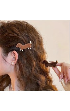 Kawaii Tarzı Dachshund Köpek Figürlü, Yumuşak Peluş Dokulu İkili Yan Maşa Toka Kahve Kawaii Tarzı Dachshund Köpek Figürlü, Yumuşak Peluş Dokulu İkili Yan Maşa Toka Kahve